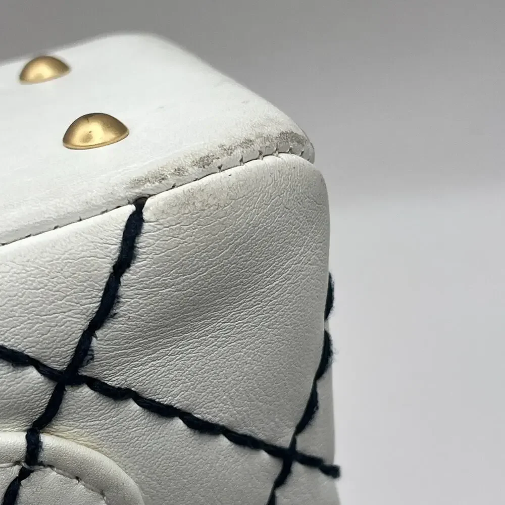CHANEL Wild Black Stitch White Shoulder Tote Bag Double Chain Gold Tone Hardware